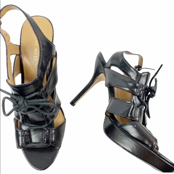 Nine West Black Lace Up Stiletto Heels 8 - Picture 1 of 6